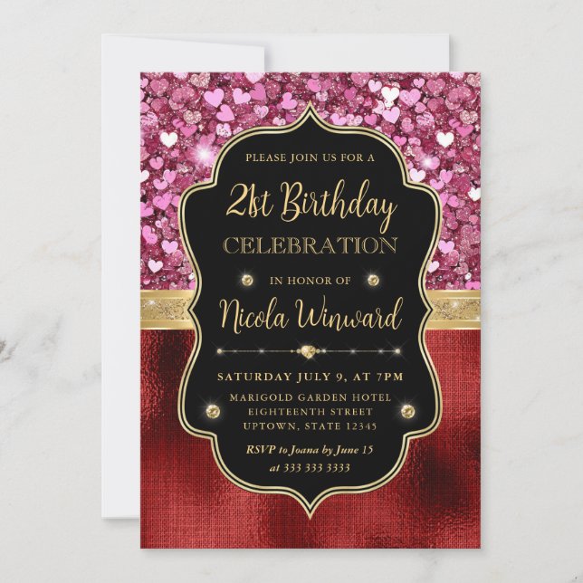 Invitation Coeurs de Parties scintillant rose et huile rouge  (Devant)