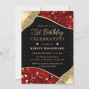Invitation Coeurs de Parties scintillant rouge et or 21e anni