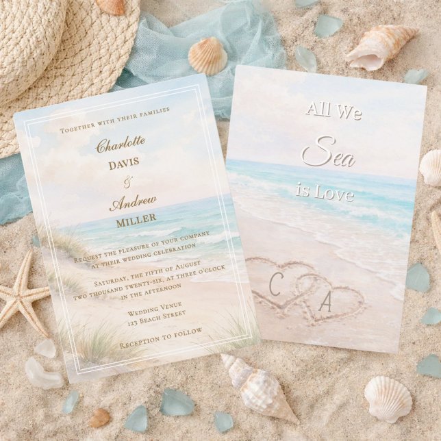 Invitation Cœurs de plage sable initiales mariage (Créateur téléchargé)
