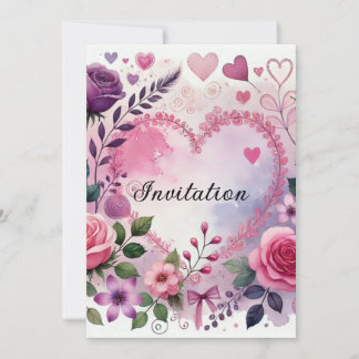 Invitation Cœurs de roses valentin floral pastel aquarelle