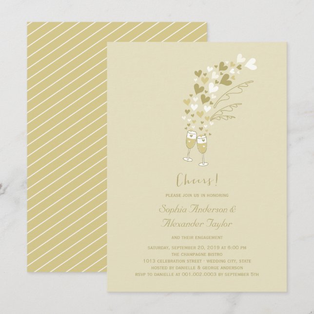 Invitation Coeurs D'Or Et Champagne Fête De L'Engagement (Devant / Derrière)