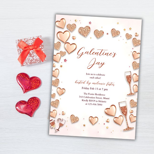 Invitation Coeurs d'or rose Champagne Fête de la Saint-Galent (Rose Gold Hearts Champagne Galentine’s Day Party Invitation)
