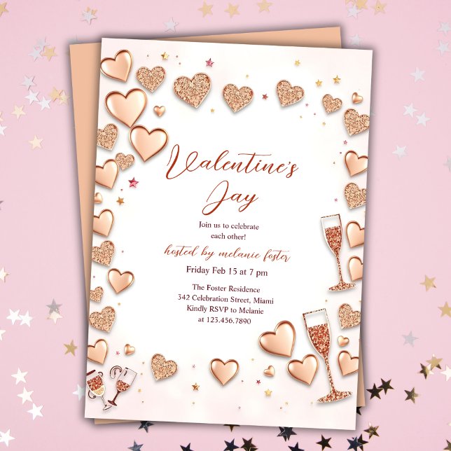 Invitation Coeurs d'or rose Champagne Saint Valentin (Rose Gold Hearts Champagne Valentine’s Day Party Invitation)