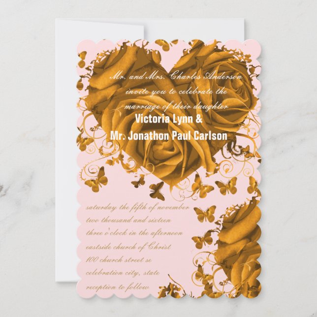 Invitation Coeurs d'or rose et Mariage Rose (Devant)