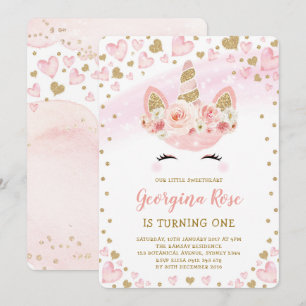 Invitation Coeurs d'or roses pour l'anniversaire de l'Unicorn