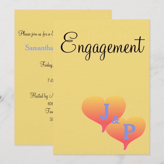 Invitation Coeurs du coucher de soleil Jaune bleu Fiançailles (Devant / Derrière)
