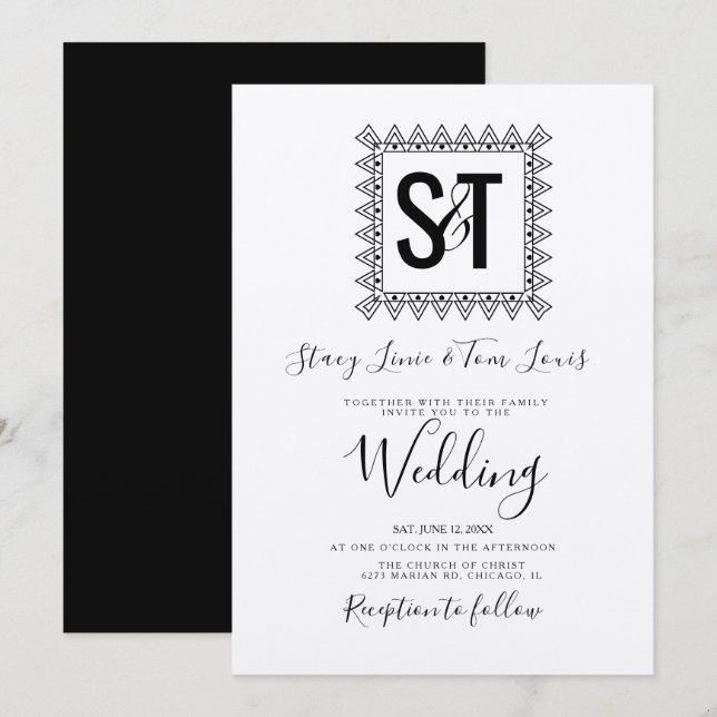 Invitation Coeurs élégants et cadre noir blanc Mariage kraft (Devant / Derrière)
