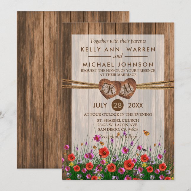 Invitation Coeurs en bois de monogramme avec de beaux fleurs (Devant / Derrière)