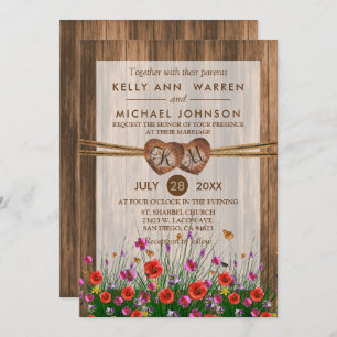 Invitation Coeurs en bois de monogramme avec de beaux fleurs