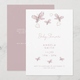 Invitation Coeurs et papillons rose doux Rose poussiéreux