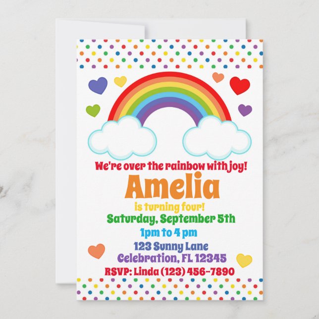 Invitation Coeurs et points arc-en-ciel Filles Anniversaire (Devant)