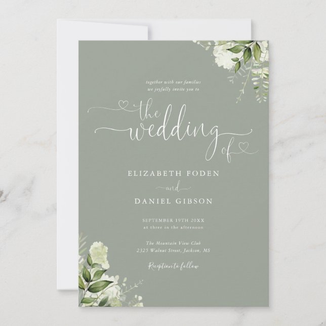 Invitation Coeurs floraux vertes Script Sage Green Mariage (Devant)