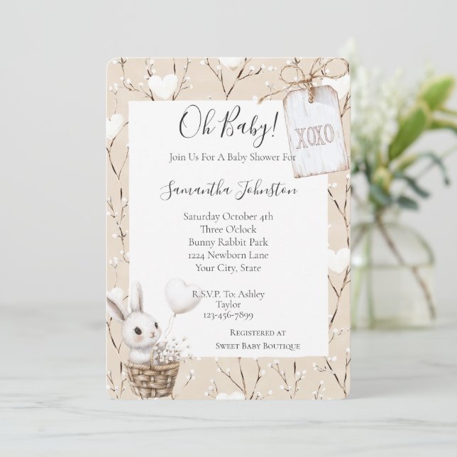 Invitation Coeurs lapins blancs dans un Baby shower panier XO (Debout devant)