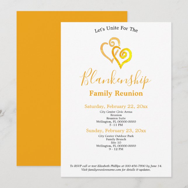 Invitation Coeurs liés Jaunes Modèle de réunion de famille (Devant / Derrière)