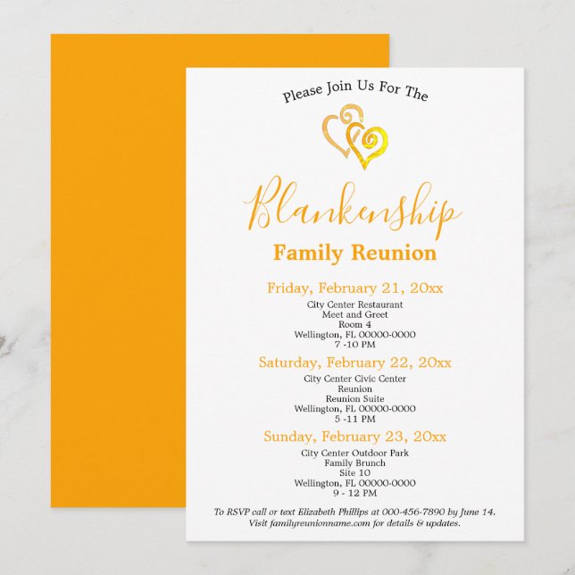 Invitation Coeurs liés Jaunes Réunion familiale de 3 jours (Devant / Derrière)
