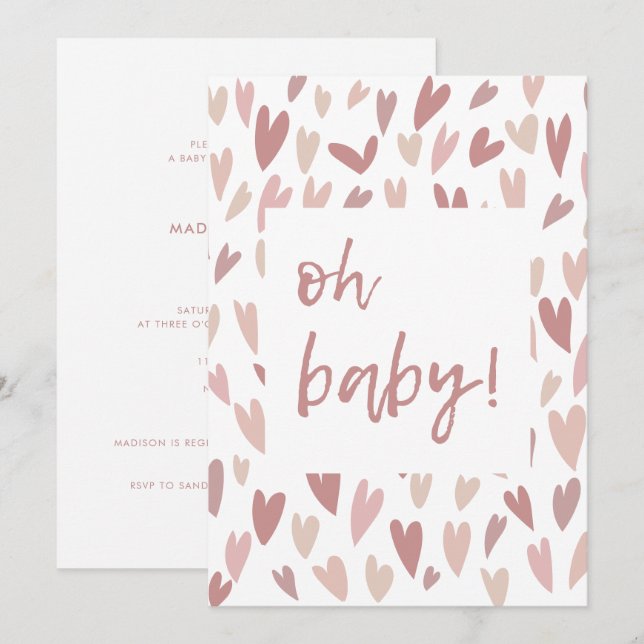 Invitation Coeurs modernes Rose fille Oh Baby shower Invitati (Devant / Derrière)