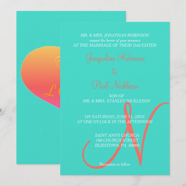 Invitation Cœurs Monogramme Turquoise (Devant / Derrière)