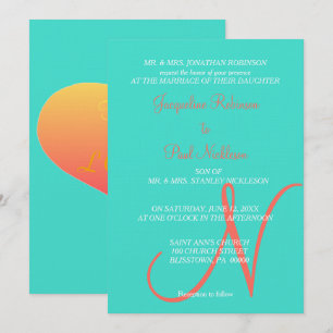 Invitation Coeurs Monogrammes Turquoise