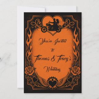 Invitation Cœurs Orange et Noir Motard