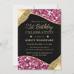 Invitation Cœurs Pailletés Rose et Or 21e Anniversaire