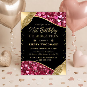 Invitation Cœurs Pailletés Rose et Or pour 21e Anniversaire