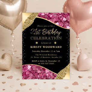 Invitation Cœurs Pailletés Rose et Or pour 21e Anniversaire