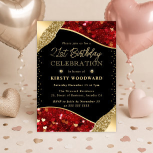 Invitation Cœurs Pailletés Rouge et Or pour 21e Anniversaire