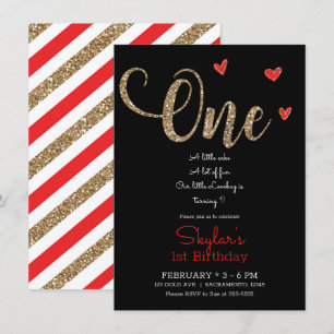 Invitation Cœurs Pailletés Rouge & Or 1er 1 Anniversaire UN