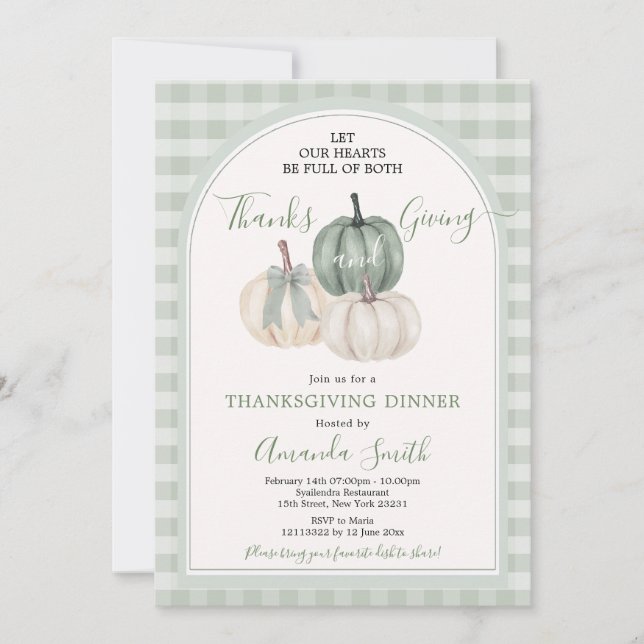 Invitation Coeurs pleins de Merci Donnant Sage Green Diner (Devant)