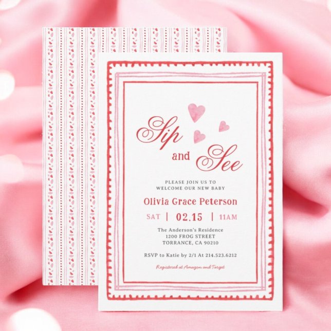 Invitation Coeurs rose et rouge Nouveau bébé Sip et voir fill (Créateur téléchargé)