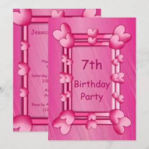 Invitation Coeurs roses assez Girly encadrés 7ème