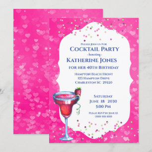 Invitation Coeurs roses Daiquiri Anniversaire Cocktail Party