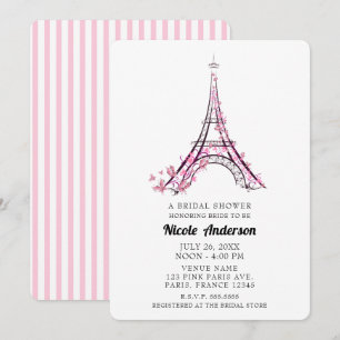 Invitation Cœurs roses Papillons Paris Tour Eiffel Mariage