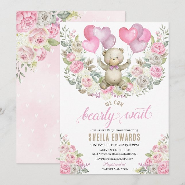 Invitation Coeurs roses Teddy Bear Balloons Baby shower (Devant / Derrière)