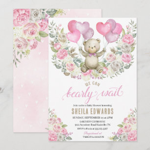 Invitation Coeurs roses Teddy Bear Balloons Baby shower