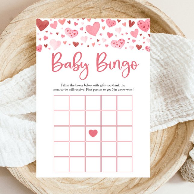 Invitation Coeurs roses Valentine Baby Baby shower Jeu (Watercolor Cute Pink Red Hearts Valentine A Little Sweetheart Girl Baby Bingo Baby Shower Game)