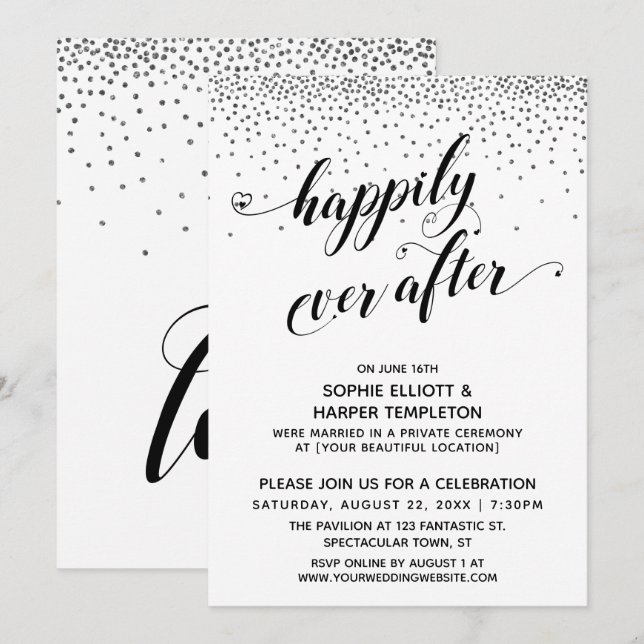Invitation Cœurs Script Argent Confettis Happily Ever Ever (Devant / Derrière)