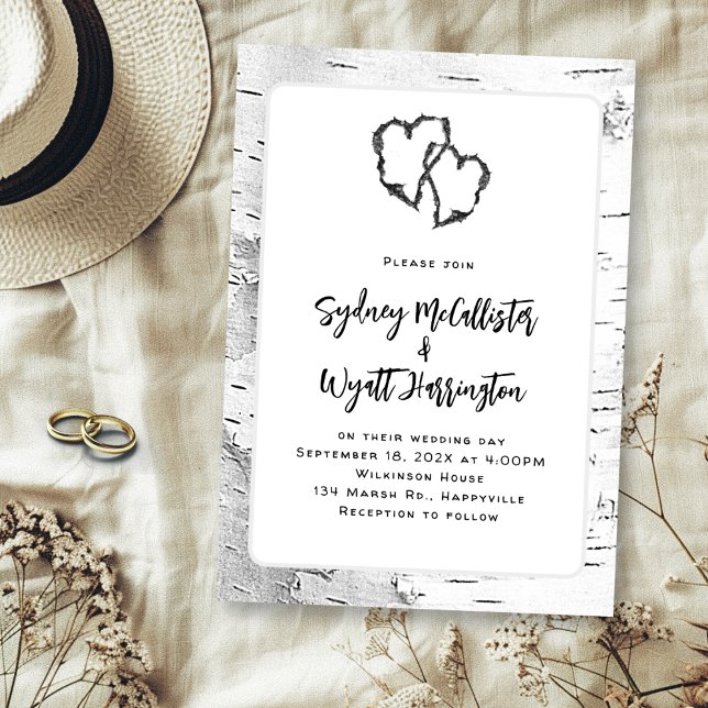 Invitation Coeurs sculptés Mariage de bouleau blanc (Créateur téléchargé)