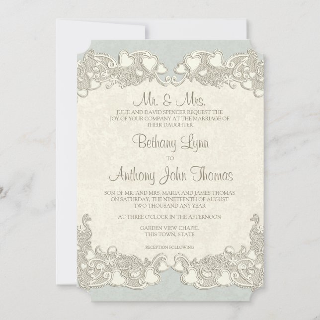 Invitation Coeurs vintages Campagne Sage Green (Devant)