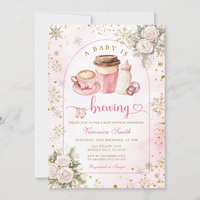 Invitation Coffee A Baby is Brewing Pink Bow Baby Shower Gold (Devant)