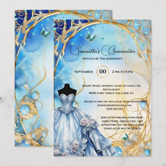 Invitation Coing floral bleu Quinceañera (Devant / Derrière)