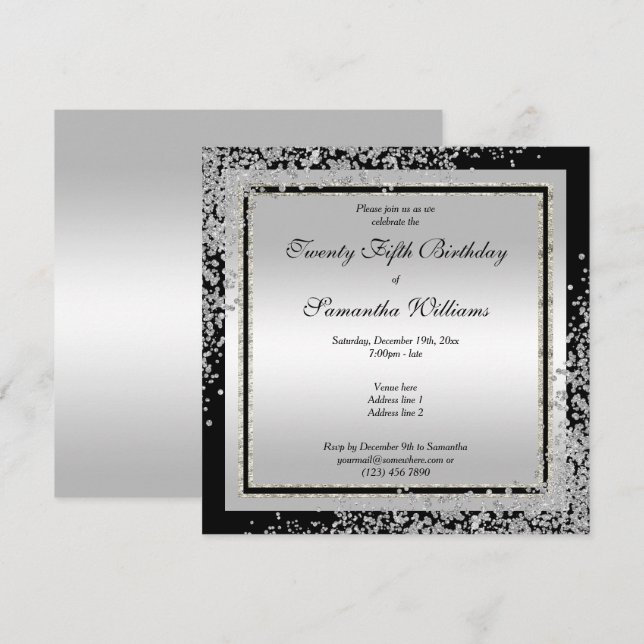 Invitation Coins Pailletés Argent Brillants pour 25ème Annive (Devant / Derrière)