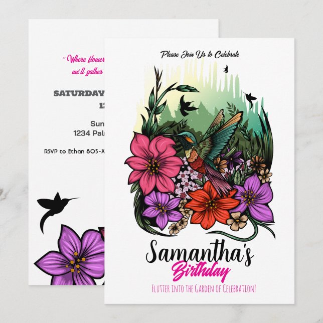 Invitation Colibri en fleurs - Anniversaire floral élégant (Devant / Derrière)