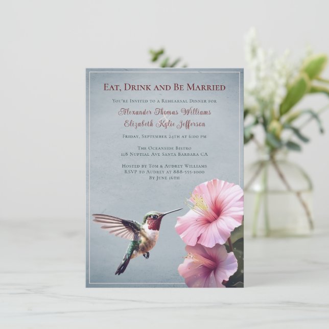 Invitation Colibri et Hibiscus | Dîner de répétition bleu (Debout devant)