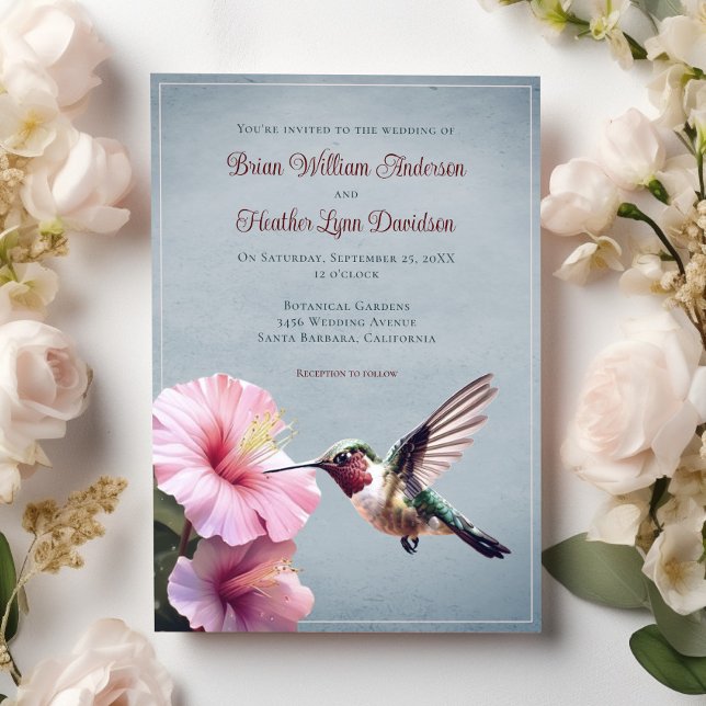 Invitation Colibri et Mariage d'Hibiscus | Bleu (Blue Hummingbird and Hibiscus Wedding Invitation)