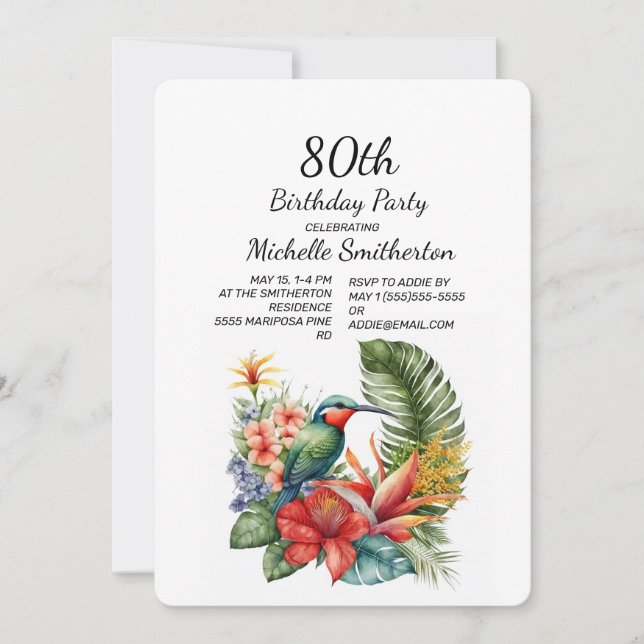 Invitation Colibri floral tropical 80e anniversaire (Devant)