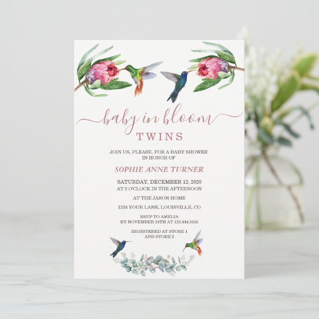 Invitation Colibris Twins Pink Protea Baby in Bloom (Debout devant)