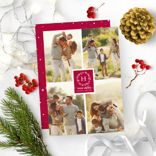 Invitation Collage de 4 photos Vœux chaleureux Noël Monogramm