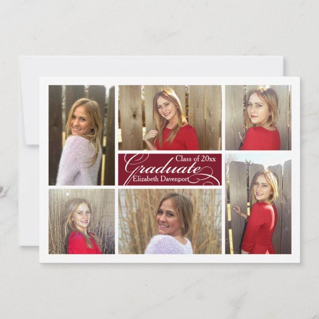 Invitation Collage de 6 photos Burgundy Diplôme personnalisé (Devant)