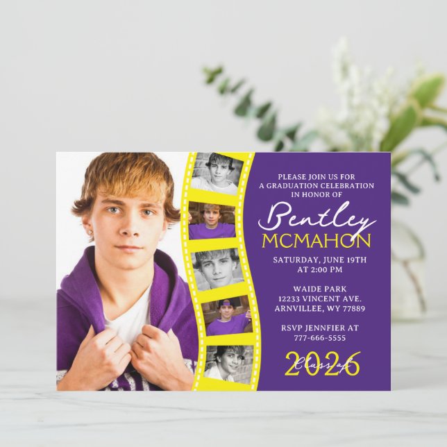 Invitation Collage de graduation de bande de film violet et j (Debout devant)